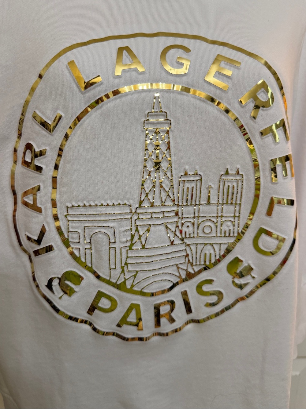 Karl Lagerfeld White Sweatshirt with Gold Lagerfeld Paris Emblem Sz Lg - Picture 4 of 15
